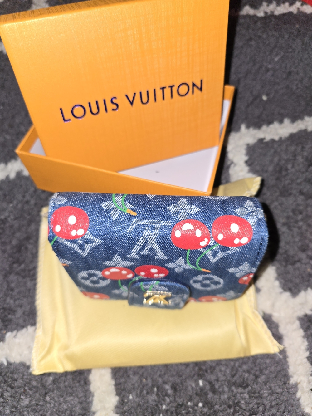 :FIRM: Cherry Monogram Denim Compact Wallet in Blue - Picture 4 of 6